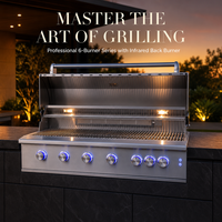 Barbecue encastrable gourmet en acier inoxydable à 6 brûleurs avec rôtissoire intégrée, brûleur arrière et éclairage LED bleu