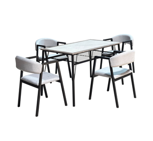 Juego de mesa de comedor de nuevo diseño, muebles modernos para el hogar, MDF + tablero de pizarra con asientos de cojín de tela, - Product Image 1