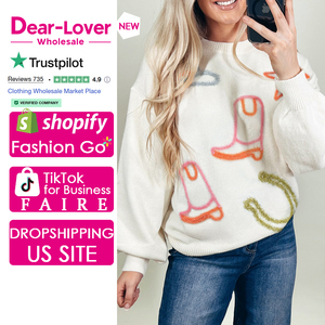 Dear-Lover Bán Buôn Phụ Nữ Trắng Tinsel Khởi Động Phương Tây Móng Ngựa Sao Đan Crew Cổ Áo Len - Product Image 1