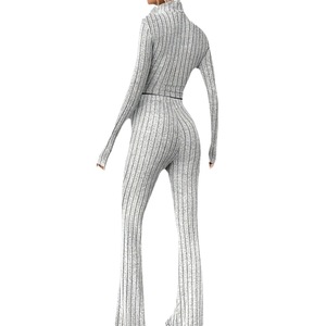 Women's <b>Sweater</b> <b>Set</b> Long Sleeve Crop Top And Wide Leg Pants Solid Color Casual Suit For Autumn Winter Smlxl - Product Image 5