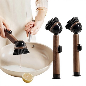 Cepillo para lavar platos con dispensador de jabón y mango de imitación madera, cepillo de limpieza de ollas de cocina con mango largo y base de succión - Product Image 1