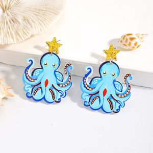 Pendientes Colgantes de Acrílico con Forma de <span class=keywords><strong>Pulpo</strong></span> Azul de Dibujos Animados y Estrella Dorada - Divertidos Pendientes de Animales Marinos para Mujer, Joyería de Playa - Product Image 1