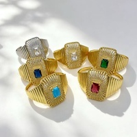 Bague Statement en Laiton Plaqué Or 18K avec Pierre Rectangulaire en Zircon Cubique, Bague Large Côtelée et Massif pour Femmes et Hommes