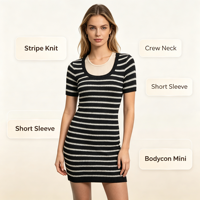 Robe pull slim en maille à rayures noires mi-longue à manches courtes pour femme, qualité supérieure, fabrication OEM & ODM Vanessa, vente en gros
