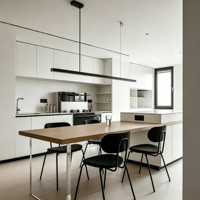 Îlot de cuisine blanc avec chaises, table à manger en bois, meubles de cuisine, ensembles d'armoires de cuisine en bois massif