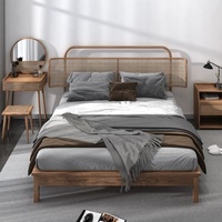Lit double en bois massif, cadre de lit moderne en bois massif, lit en rotin