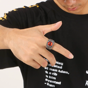 Phóng Đại Tự Nhiên Đá Nhẫn Thiết Lập Với Màu Đỏ Màu Xanh Lá Cây Đôi Mắt Quỷ Nhẫn Punk Skull Lông Thép Không Gỉ Người Đàn Ông Của Vòng Cổ Điển - Product Image 3