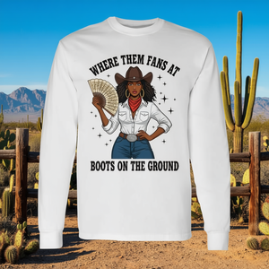 T-shirt western a maniche lunghe con scollo rotondo, stampa digitale unisex per adulti, Boots On The Ground Where Them Fans At - Product Image 2