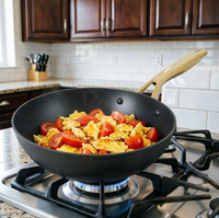 Wajan Logam Klasik Anti Lengket dengan Gagang Stainless Steel, Wajan Penggorengan Dalam Berlapis Anodized, Dasar Rata, Aman untuk Oven, Tersedia OEM/ODM