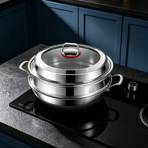 <span class=keywords><strong>Wok</strong></span> en acier inoxydable 304 soigneusement sélectionné, deux poignées, revêtement alvéolé double face, grand diamètre, fond plat pour induction - Product Image 2