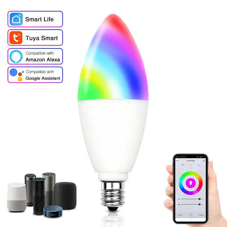 Tuya E14 Smart WiFi Light Bulb 5W RGB+W+C Dimmable LED Lamp 110-240V AC Timer Voice Control Magic Bulb for Home Outdoor Decor