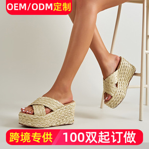 Sandalias de cuña con plataforma de paja, punta abierta, sin cordones, para verano, que aumentan la altura - Product Image 5