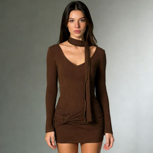 Vestido corto sexy americano de punto con cuello halter para mujer, con nudo en la cintura, ajustado, para fiesta o club. - Product Image 1