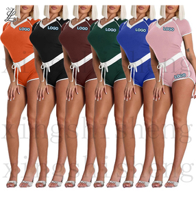 Nuovi Set estivi da <span class=keywords><strong>donna</strong></span> completi <span class=keywords><strong>Casual</strong></span> sportivi ad alta elasticità tute da Jogger con LOGO personalizzato con scollo a V Set in due pezzi - Product Image 1