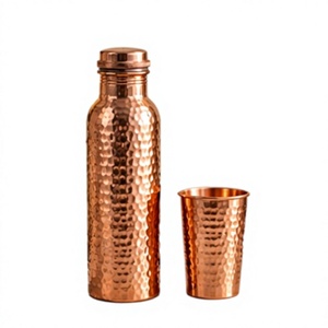 Classic Hammered Copper Water <b>Bottle</b> with Lid and Matching Cup <b>Vintage</b> Portable Drinkware Set - Product Image 1