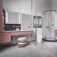 Meuble-lavabo mural moderne rose en bois massif/acier inoxydable/MDF, résistant à l'eau, avec éclairage LED, pour salle de bain/coiffeuse - Vente en gros