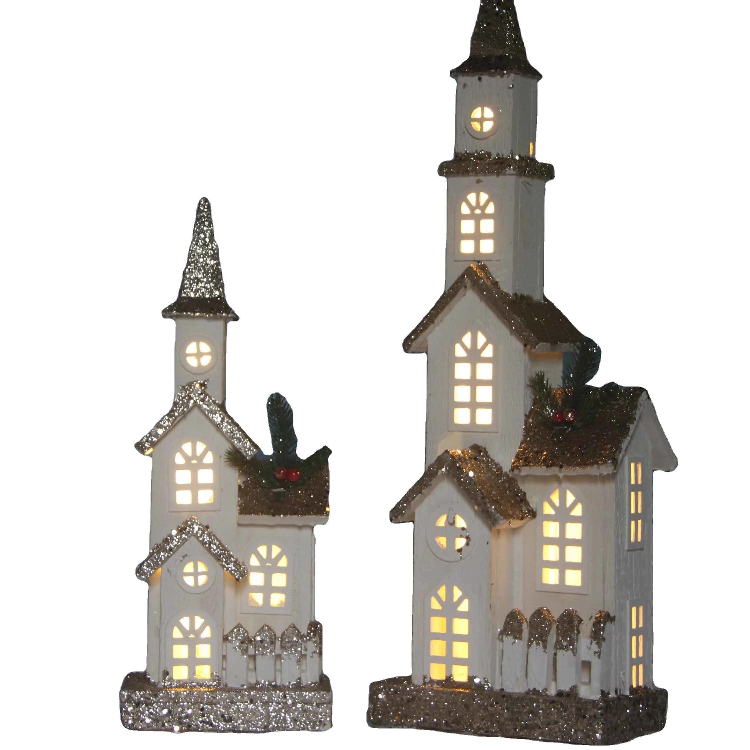 Christmas decoration LED Christmas wooden church village with warming gift battery operated wood house