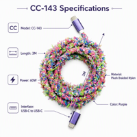 Câble magnétique de type C en peluche violette Togudu de qualité supérieure avec une longueur de 3 m, charge super rapide 60 W 2 A pour iPhone et Android, modèle CC-143