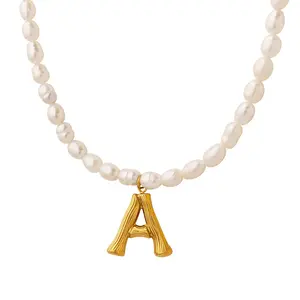 JOOLIM Alphabet 26 Letters Pendant initial necklace 18k gold plated stainless steel Initial Vintage Retro Fresh Water Pearl Nec