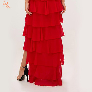 Robe longue rouge en mousseline de soie, col en V profond, à volants - Product Image 6