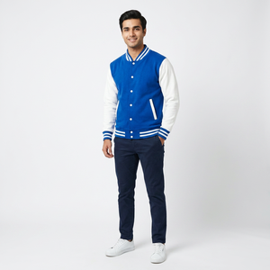 Mens Multi Color Varsity Style Jacket Contrast Sleeves Striped Ribbed Trim Snap Button Closure Casual Urban Outerwear Fashion - Product Image 1