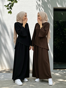 Conjuntos Modestos Islámicos Personalizados de Dos Piezas, Top de Manga Larga con Dobladillo Irregular y Falda Maxi a Juego, Traje Abaya de Moda Diaria para Mujer (01313) - Product Image 2