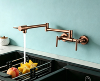 Robinet de cuisine mural triple poignée pliable HONGDEC en or rose avec robinet d'arrêt indépendant
