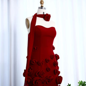 Pour SF009 Vintage bordeaux sans bretelles longueur au sol a-ligne imprimé fleuri soirée robe de bal plume pli antistatique - Product Image 5