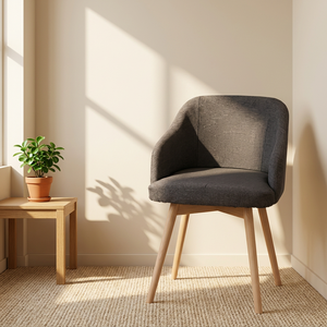Chaise de salle à manger moderne et contemporaine en tissu gris avec accoudoirs incurvés et structure en bois robuste pour cuisine, salon, maison, hôtel - Product Image 4