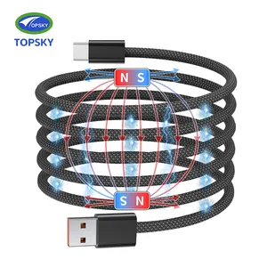 كابل نقل بيانات مغناطيسي 60 وات 1 متر من نوع سي USB مخصص ذاتي اللف بملف مغناطيسي سريع الشحن كابل شاحن مغناطيسي من النوع سي USB