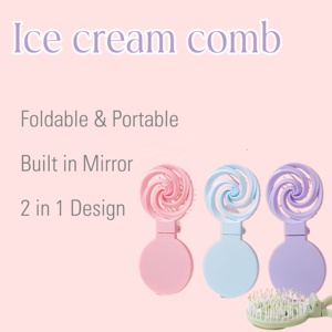 Brosse à cheveux pliable avec miroir, motif tourbillon de crème glacée, peigne démêlant portable 2-en-1 pour filles - Product Image 2