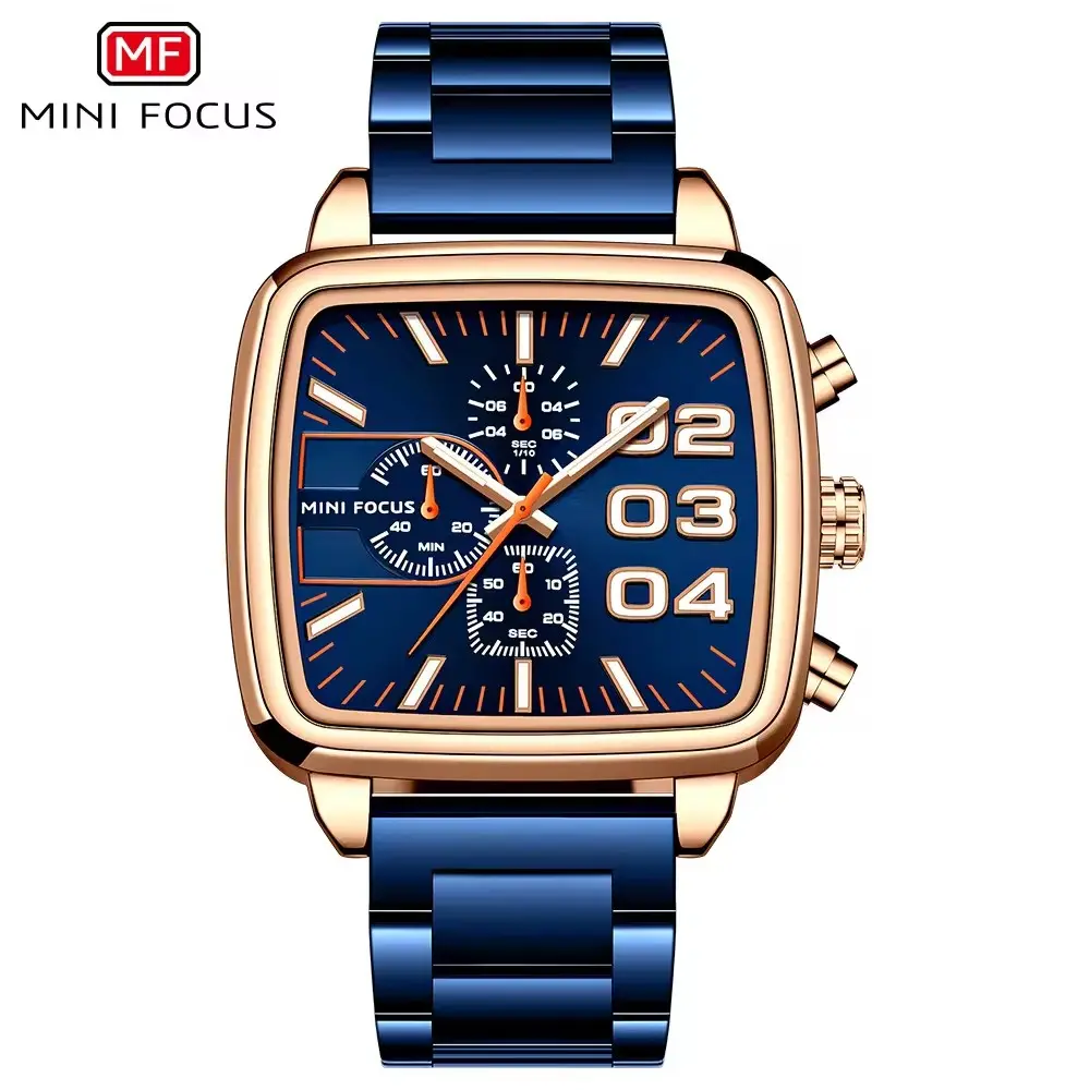 MINI FOCUS New Fashion Square Watch Blue Strap 3ATM Waterproof Men's Wrist Watches Calendar Waterproof Relogio Masculino 2024