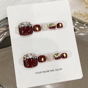 Low-price Wholesale, Rose Cherry <strong>Wine</strong> - Deep Red, Dazzling Sparkles, High-end Texture, Pure Handmade Wearable Press on Toe <strong>Nails</strong> - Product Image 1