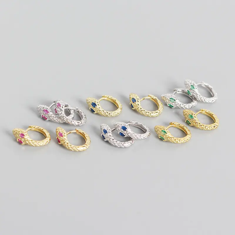 New Design 925 Sterling Silver Colorful Eyes Snake Hoop Earrings S925 Silver Snake Earrings For Women Girls