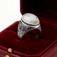Kaanjewelry Bague en argent sterling 925 plaqué rhodium, agate naturelle veinée sculptée style vintage, bijoux unisexe pour fête, vente en gros