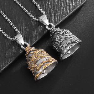 Vintage Gold Plated <b>Titanium</b> Steel Bell Pendant Necklace Unisex Fashion Jewelry Two Tone Design Dragon Motif Lucky Exorcism - Product Image 1