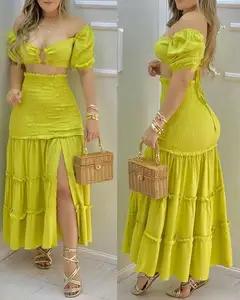 2021 chaud nouveau doux mode couleur unie à manches courtes couleur correspondant imprimé jupe longue costume et couverture robe pour les femmes