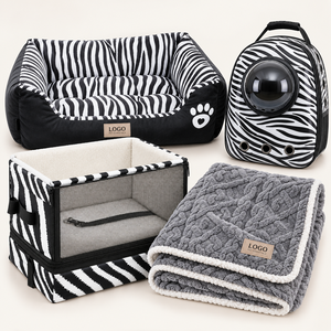 Ensemble de lit pour animaux de compagnie imprimé zèbre, sac de transport, cage pliable, couverture douce, article individuel ou kit complet, logo personnalisé, marque privée, vente en gros - Product Image 1