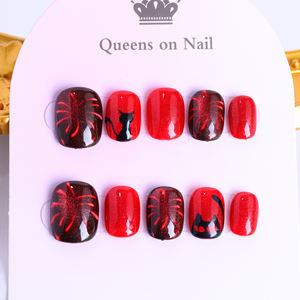 Uñas postizas de lujo acrílicas rojas cortas tipo ataúd, hechas a mano, con cobertura completa, con pedrería de estrellas, precio de fábrica al por mayor - Product Image 2