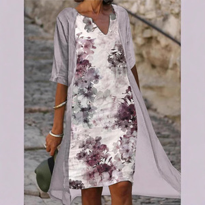 Robe midi ample en lin imprimé, col en V, motif floral, respirante, tenue décontractée - Product Image 4