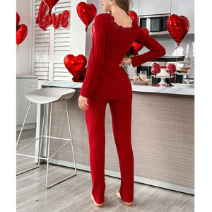 Set Pigiama da Donna con Bordo in Pizzo, Comodo Completo a Righe con Scollo a V e Maniche Lunghe per Autunno e Inverno - Product Image 2