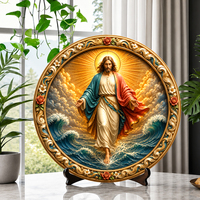 Nouveauté : Assiette Souvenir Religieuse Catholique en Résine 3D Embossée Sacré-Cœur de Jésus, Décoration Familiale pour la Maison avec Support en Bois