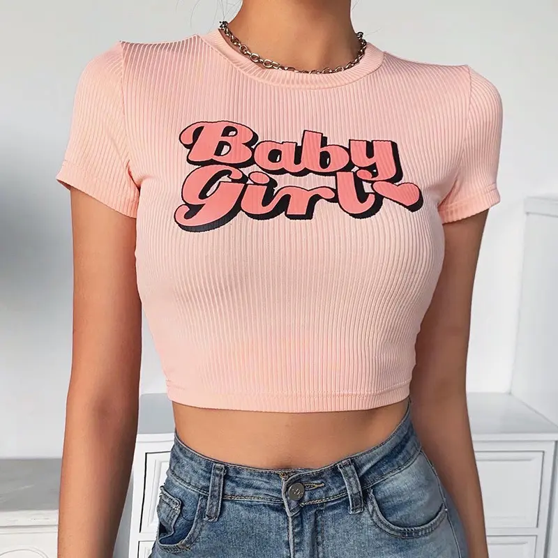 Ins Hot Item 2021 Summer Graphic Tees Stylish Women's T-shirts Baby Girl Printing Casual Crop Top