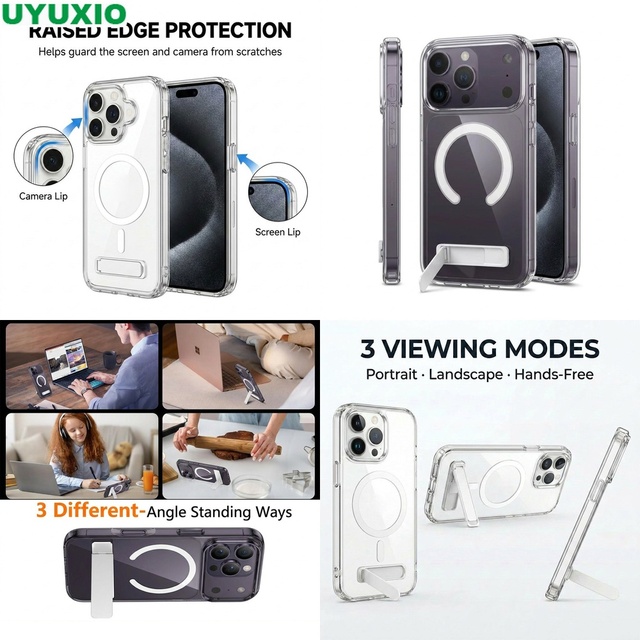 Premium Shockproof Magnetic Kickstand Case for iPhone 17 16 15 14 13 12 Pro Max 11 13 Mini Transparent Adjustable Cover