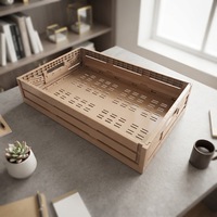 Caisse de rangement pliable en plastique à grain de bois, ventilée, empilable, avec couvercle intégré