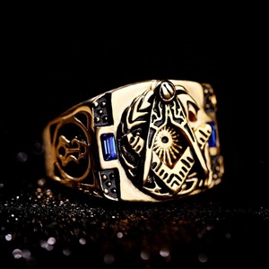Anel maçônico banhado a ouro 18K para homem, vintage de aço inoxidável azul com pedras preciosas, ideal para vendas - Product Image 3
