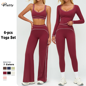 Nuovo Arrivo: Completo Yoga Personalizzato Traspirante da 6 Pezzi per <span class=keywords><strong>Donna</strong></span> – Top a Maniche Lunghe e Pantaloni Svasati per Corsa ed Esercizio - Product Image 6