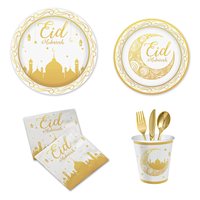 114 pièces de fournitures pour fête de l'Aïd Moubarak dorées, assiettes et gobelets jetables pour le Ramadan, ensemble de vaisselle pour la fête de l'Aïd Moubarak, pour 24 personnes