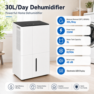 <span class=keywords><strong>Deshumidificador</strong></span> Eléctrico de 30L/Día, 1500 Pies Cuadrados, para Sótano, Hogar, Dormitorio, Baño, Pantalla LED, Manguera de Drenaje de Plástico, 3L de Agua - Product Image 1