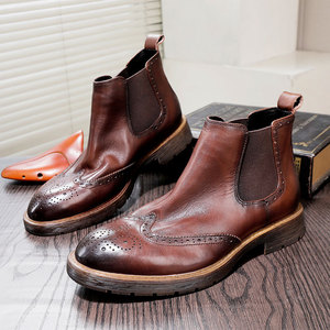 Bottes montantes pour hommes en cuir véritable, style vintage britannique, brogues à motifs, décontractées et habillées, légères et confortables, à enfiler, pour l'été - Product Image 2